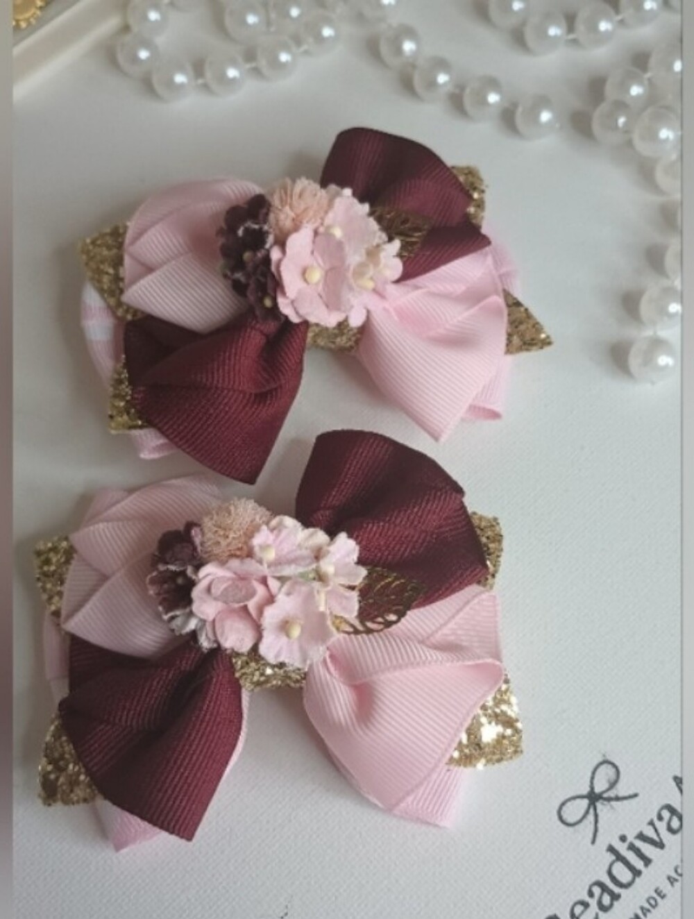 Pink and Burgundy Hair Bows with Gold Accents (Set)